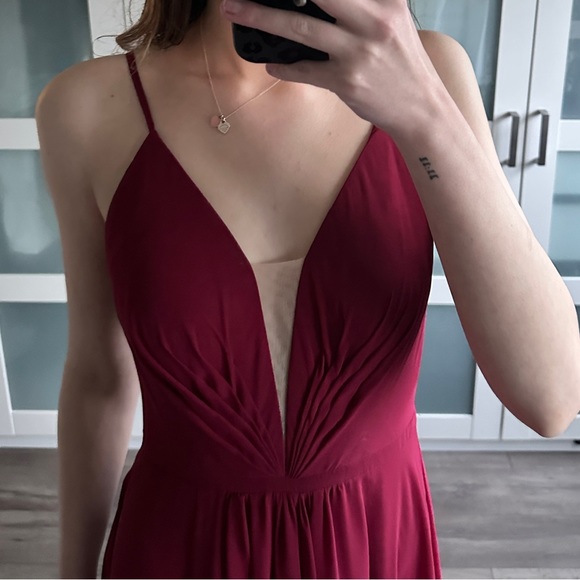 SOLD Red floor length formal prom dress with leg side slit and v neck - Picture 3 of 5